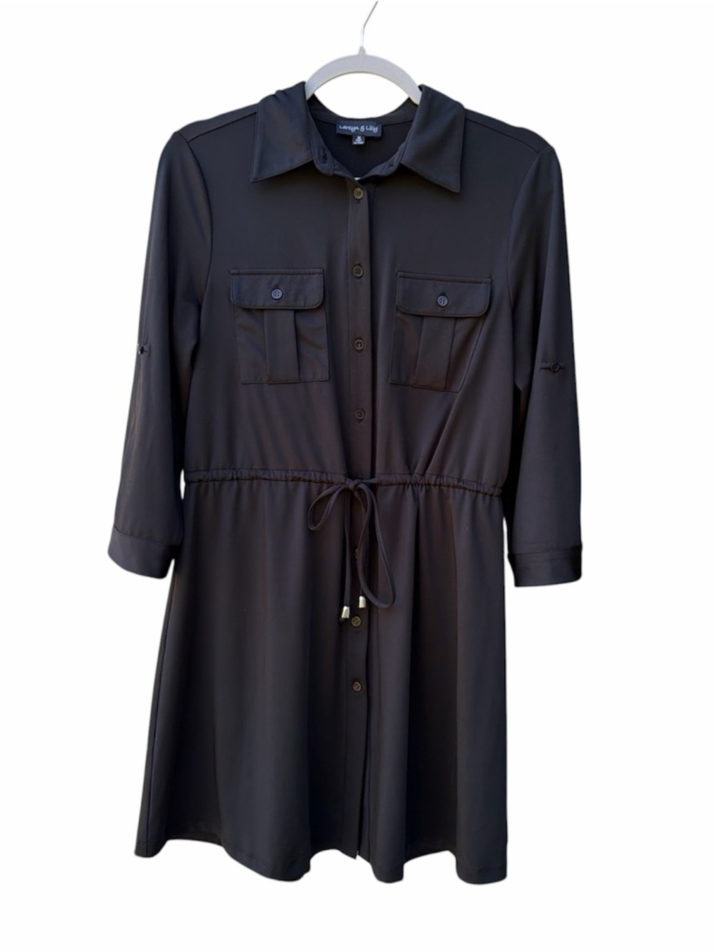 Larsyn & Lilly Black Button Down Drawstring 3/4 Sleeve Short Dress Women Size M